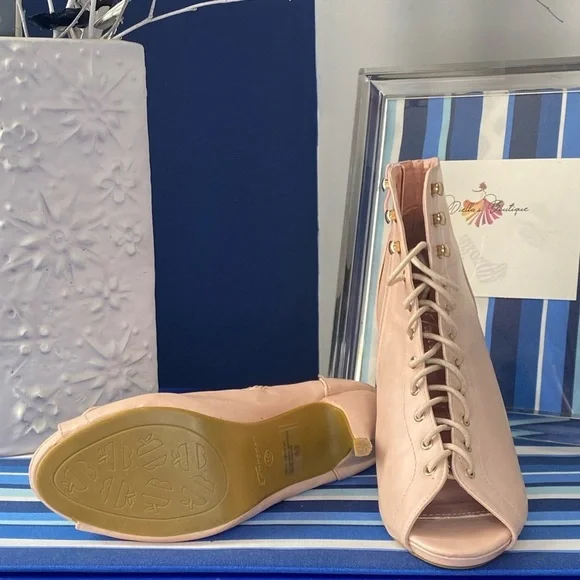 Light pink lace up peep toe ankle high heel zipper booties size 10 - Picture 2 of 14